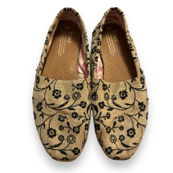 TOMS Tan and Black Floral Embroidered Espadrilles Alpargatas - Picture 1 of 5